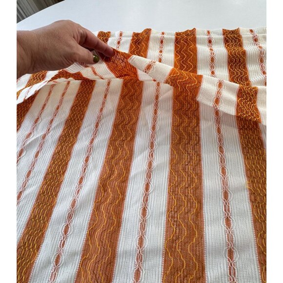 Vintage 70s curtain, pumpkin orange & white stripes, ruffled top, mesh net panel - Picture 4 of 8